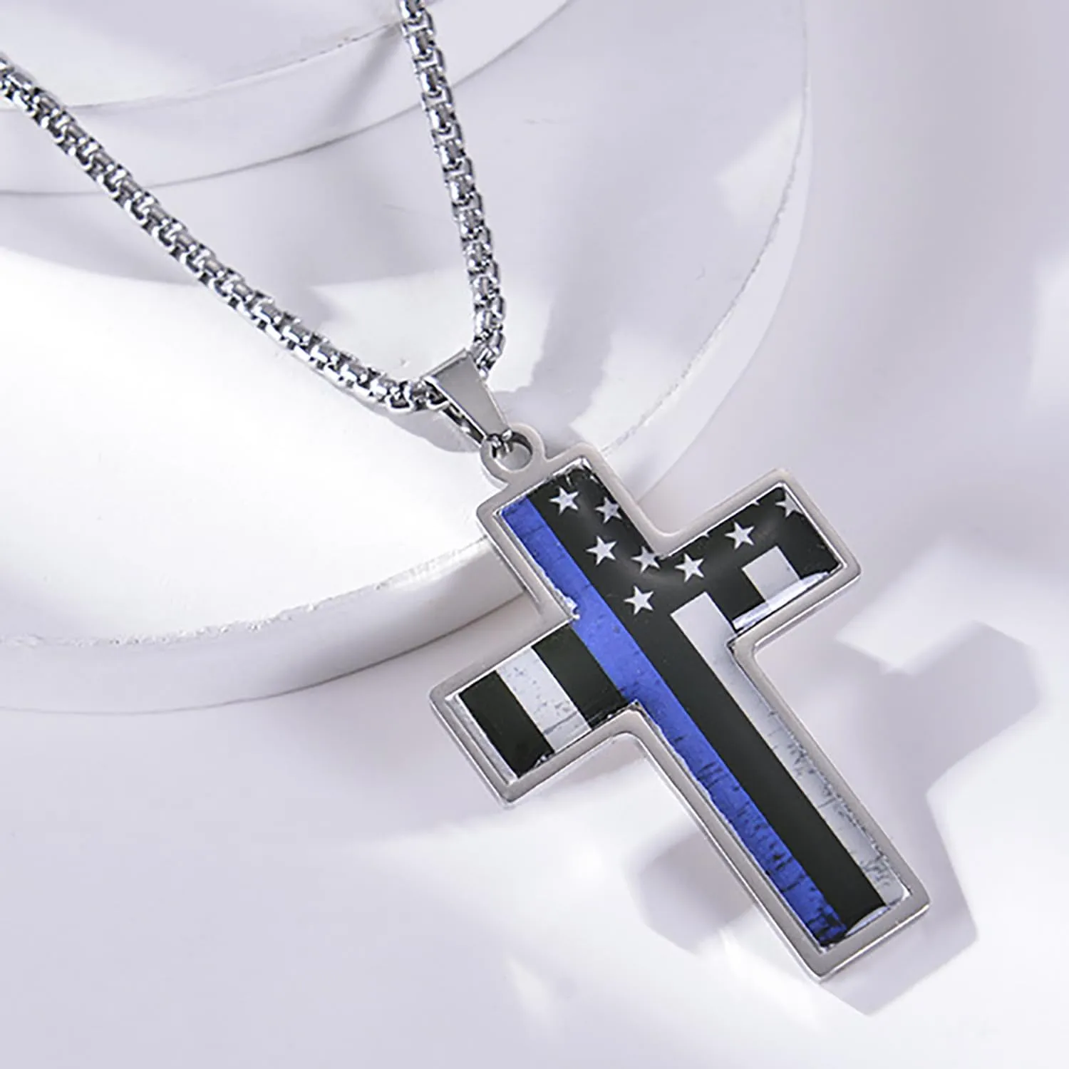 American Flag Cross Pendant Necklace for Men  Patriotic Religious Jewelry with Stars and Stripes Design