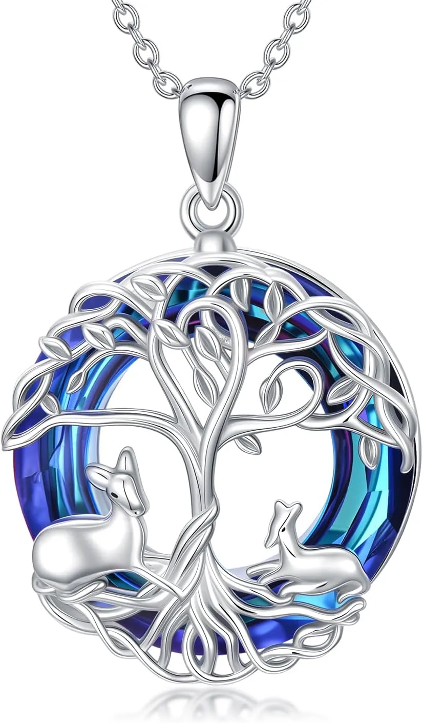 AOBOCO Tree of Life Necklace 925 Sterling Silver Deer Pendant Crystal Jewelry Gifts for Women Friends Mom