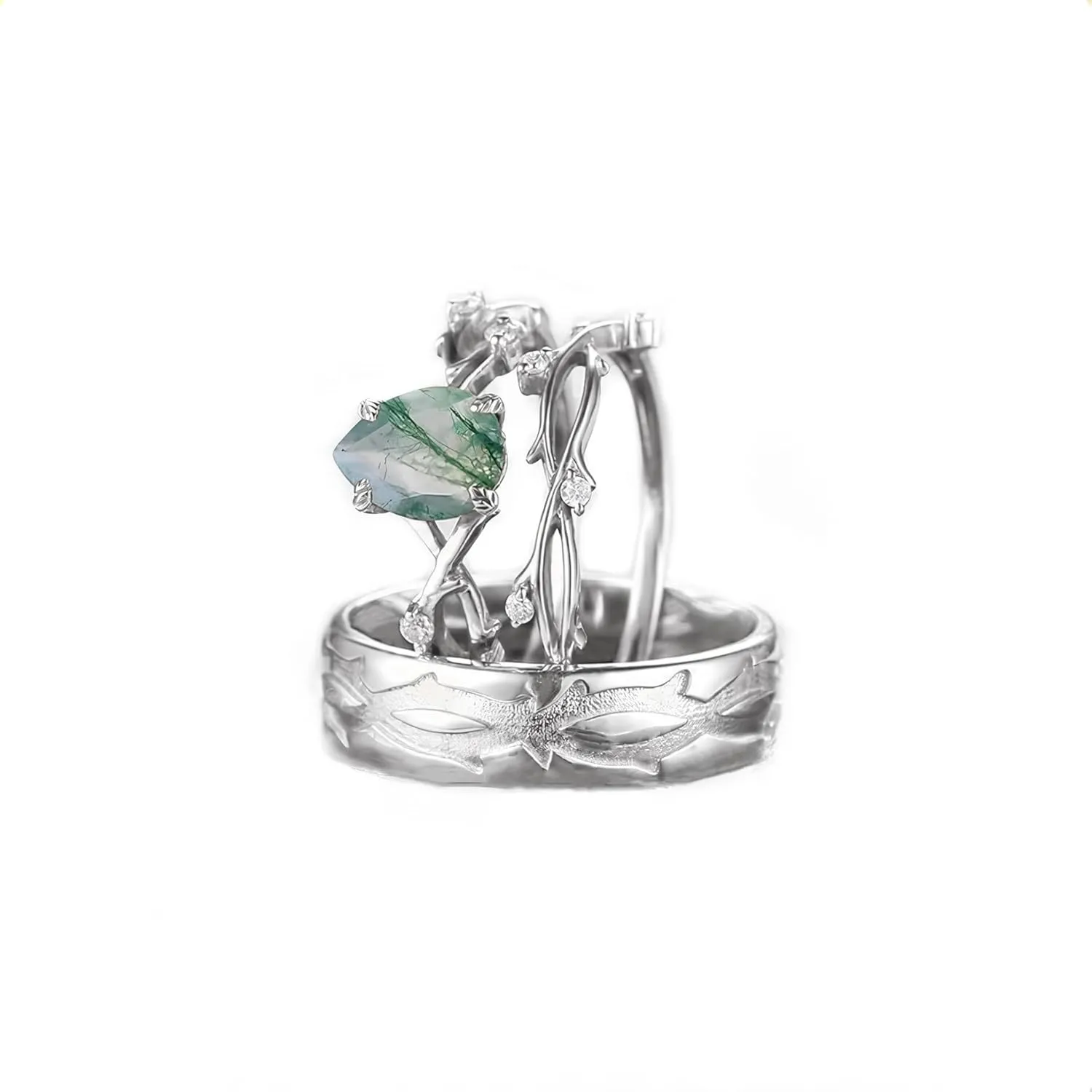 Art Deco Moss Agate Couple Rings Set 3pcs Pear Cut Moss Agate Engagement Ring for Women Wedding Rings for Couples S925 10k 14k 18k Gold Wedding Rings Set for him and her Mens Wedding Band Anniversary