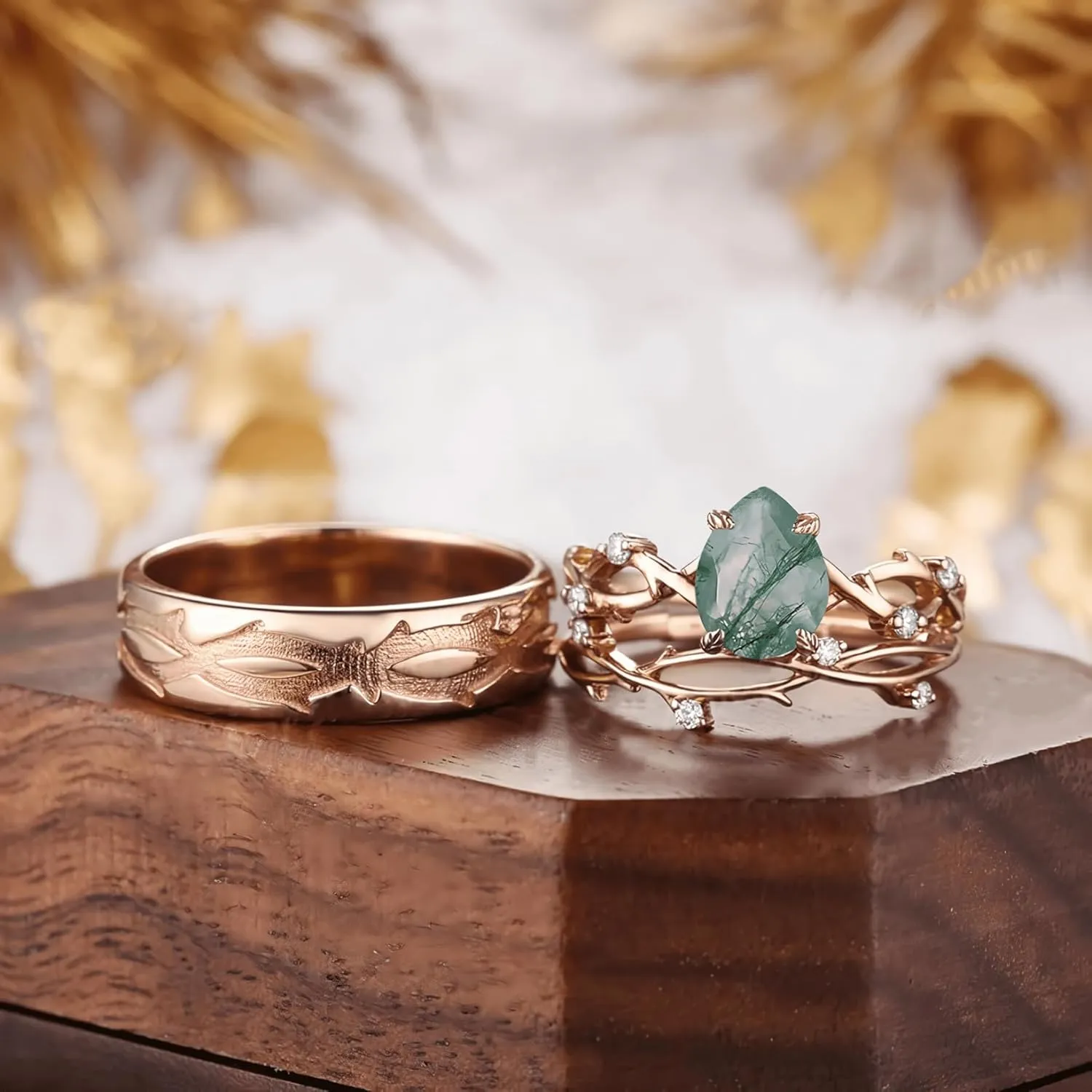 Art Deco Moss Agate Couple Rings Set 3pcs Pear Cut Moss Agate Engagement Ring for Women Wedding Rings for Couples S925 10k 14k 18k Gold Wedding Rings Set for him and her Mens Wedding Band Anniversary