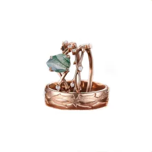 Art Deco Moss Agate Couple Rings Set 3pcs Pear Cut Moss Agate Engagement Ring for Women Wedding Rings for Couples S925 10k 14k 18k Gold Wedding Rings Set for him and her Mens Wedding Band Anniversary