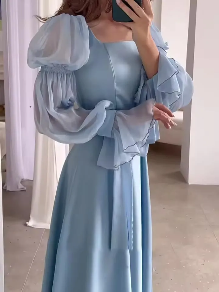Attire Studio - Sky Blue Satin Dress with Floral Net Sleeves & Belt Details (015)