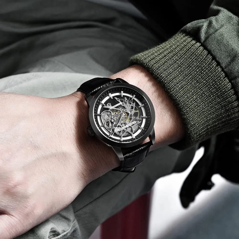 Automatic Mens Watches Skeleton Mechanical Wrist Watch for Men Waterproof Genuine Leather Watchband Luxury Self-Winding Stainless Steel Analog Watch for Men Collection PAGANI DESIGN