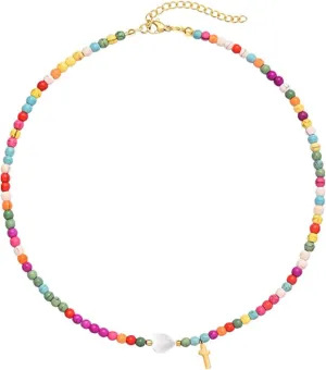 Beaded Necklaces for Women Rainbow Bead and Pearl Necklace Colorful Natural Stone Choker Necklace 18K Gold Plated Beaded Pearl Necklace Boho Necklaces Summer Surf Prom Jewelry
