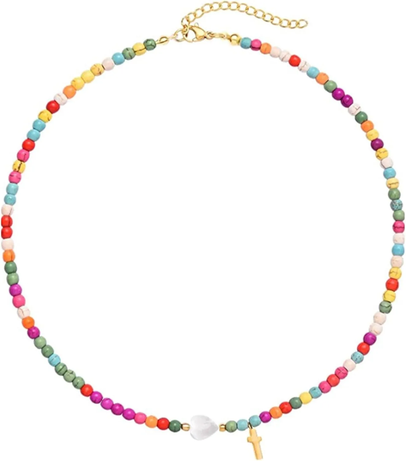 Beaded Necklaces for Women Rainbow Bead and Pearl Necklace Colorful Natural Stone Choker Necklace 18K Gold Plated Beaded Pearl Necklace Boho Necklaces Summer Surf Prom Jewelry
