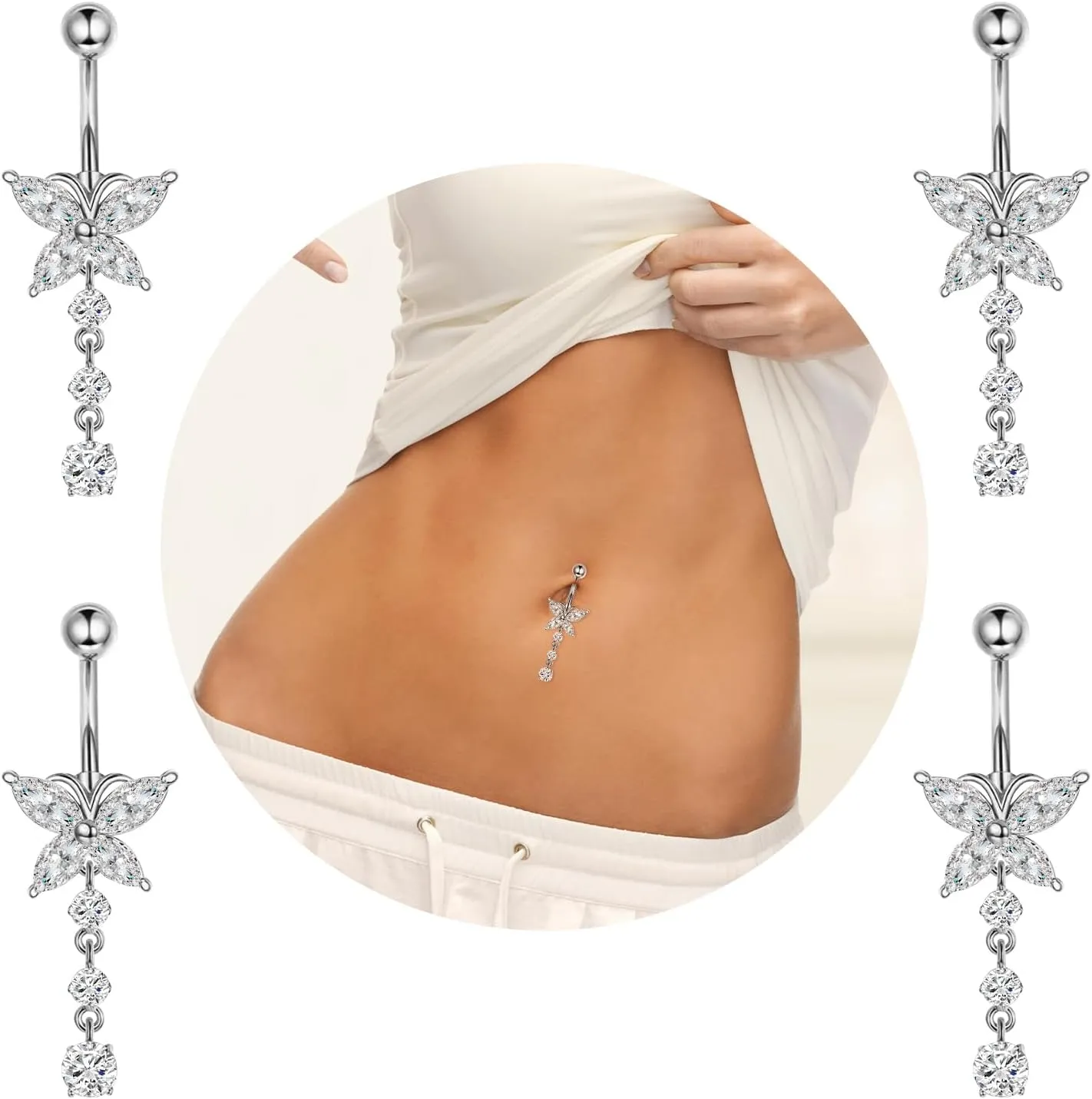 Belly Button Rings for Women Dangle Belly Button Rings 14G 316L Stainless Steel Butterfly Belly Rings Cubic Zirconia Butterfly Dangle Navel Rings Dangle Belly Button Rings Body Piercing Statement Jewelry