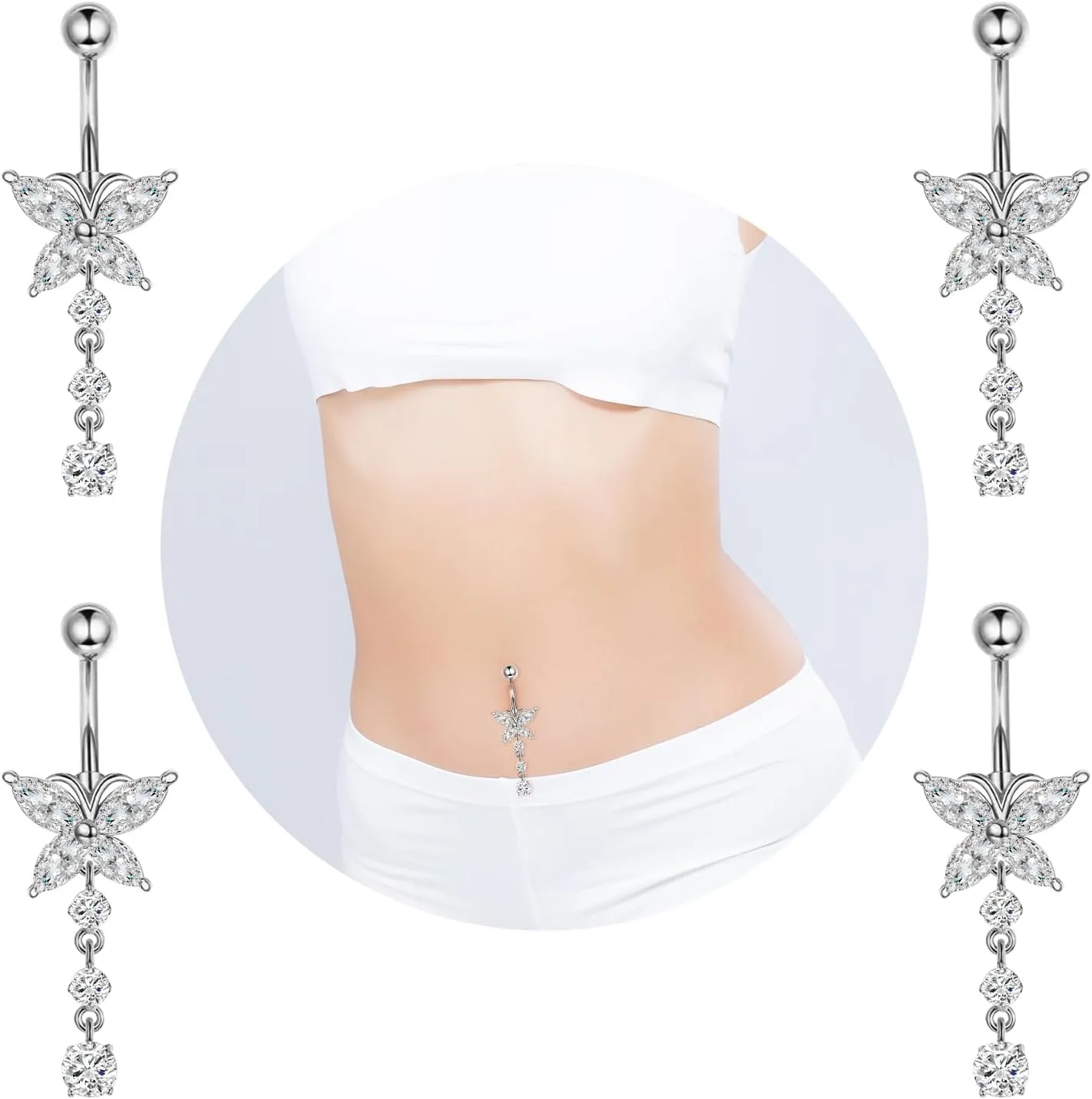 Belly Button Rings for Women Dangle Belly Button Rings 14G 316L Stainless Steel Butterfly Belly Rings Cubic Zirconia Butterfly Dangle Navel Rings Dangle Belly Button Rings Body Piercing Statement Jewelry