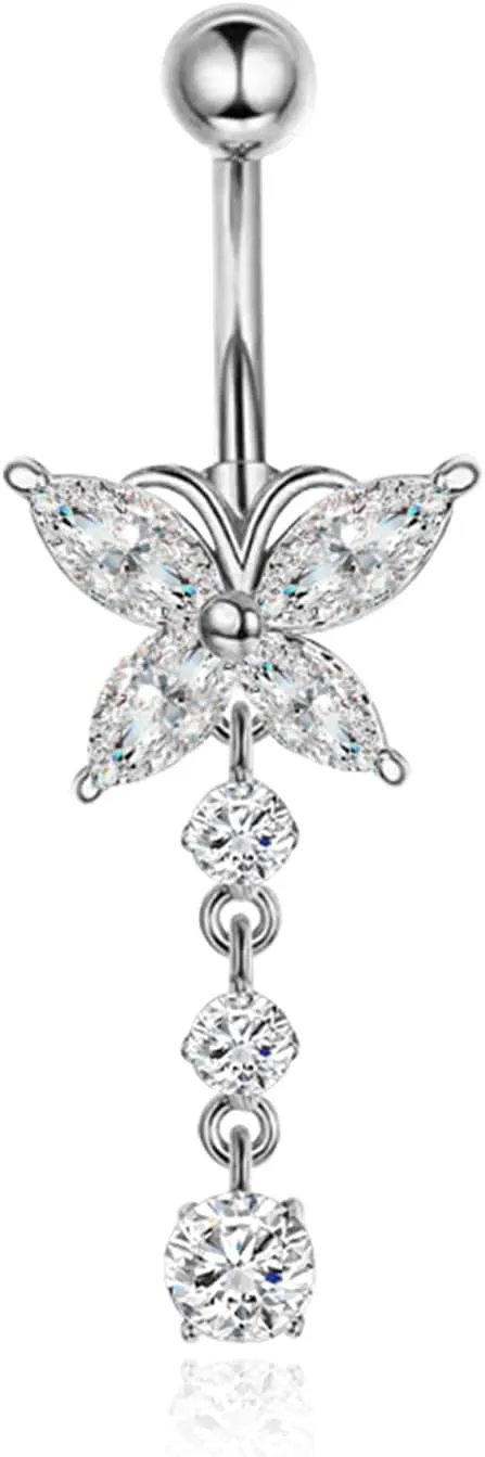 Belly Button Rings for Women Dangle Belly Button Rings 14G 316L Stainless Steel Butterfly Belly Rings Cubic Zirconia Butterfly Dangle Navel Rings Dangle Belly Button Rings Body Piercing Statement Jewelry