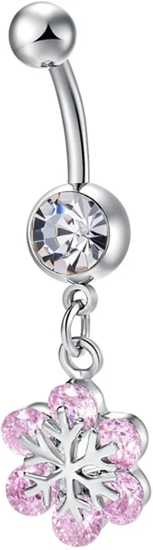 Belly Rings for Women, Dangle Belly Button Rings Stainless Steel Navel Rings Belly Button Nails Flower Cubic Zirconia