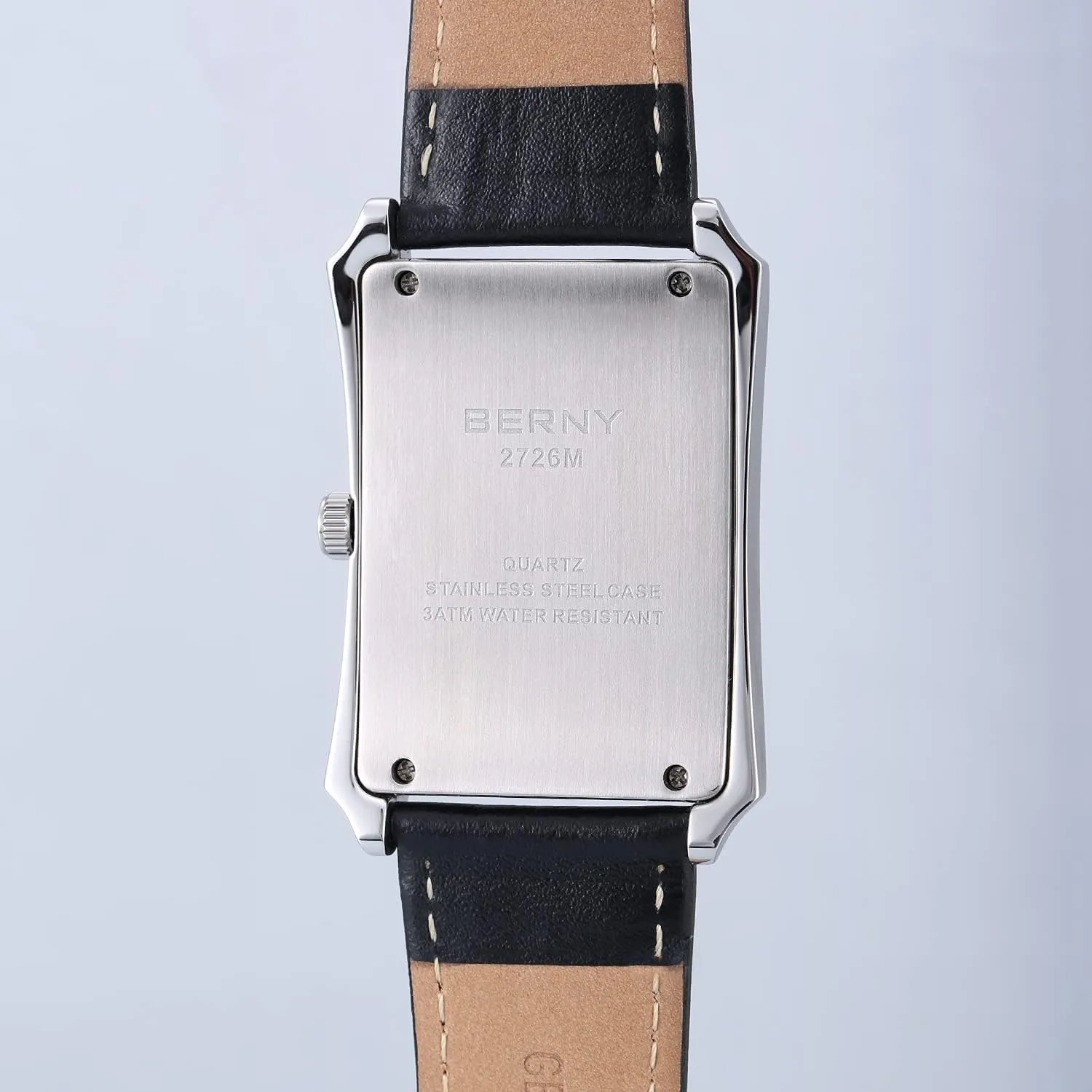 BERNY Mens Business Casual Quartz Watches Stainless Steel Case with Leather Strap Rectangular Watches for Men (Black, White, Grey, Rose Gold)