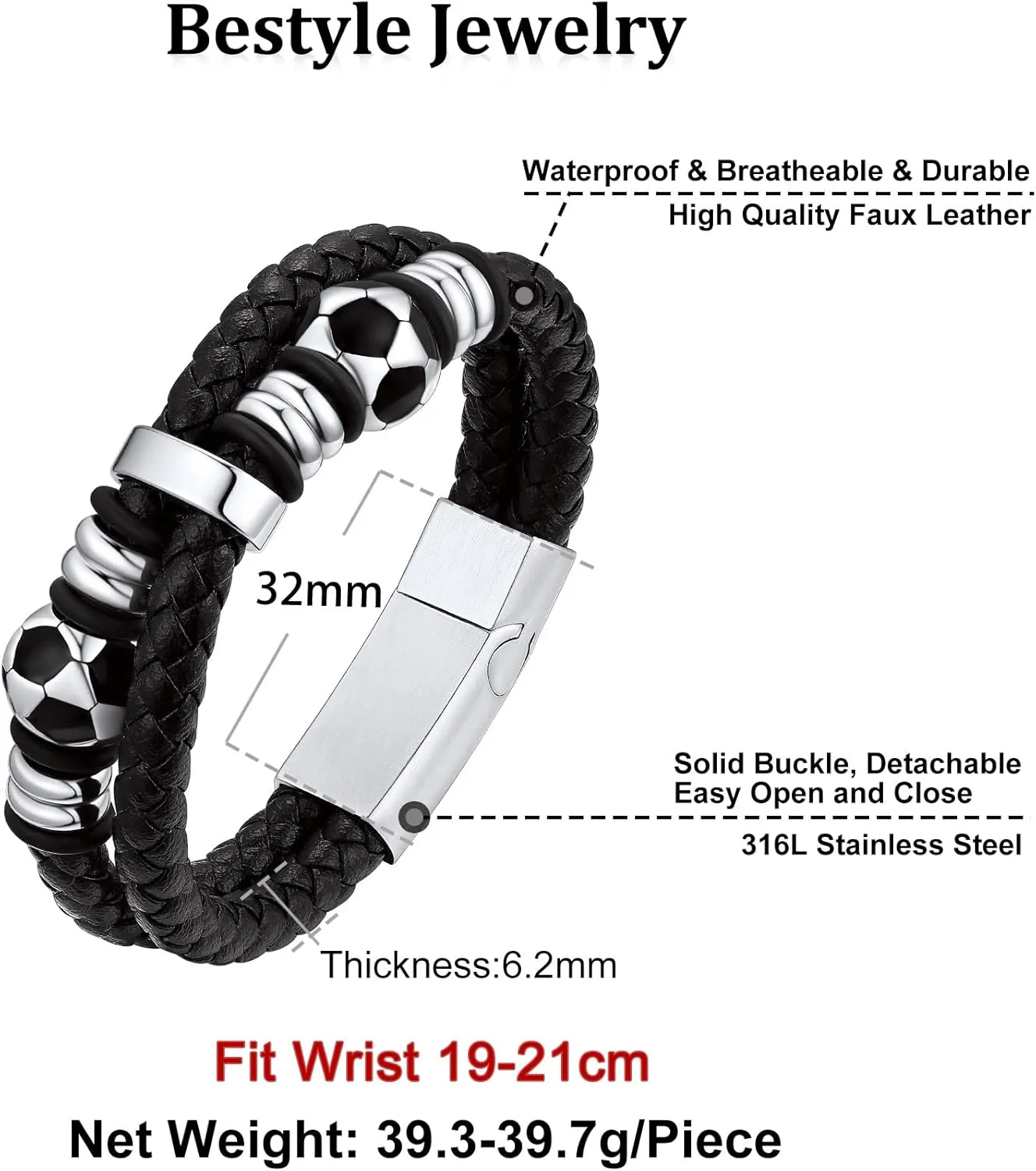 Bestyle Genuine Leather Braided Stainless Steel Bead Bracelets for Men, Fashion Mens Wrap Cuff Wirstband Bracelets with Closure, Size 7.5/8.3Inch