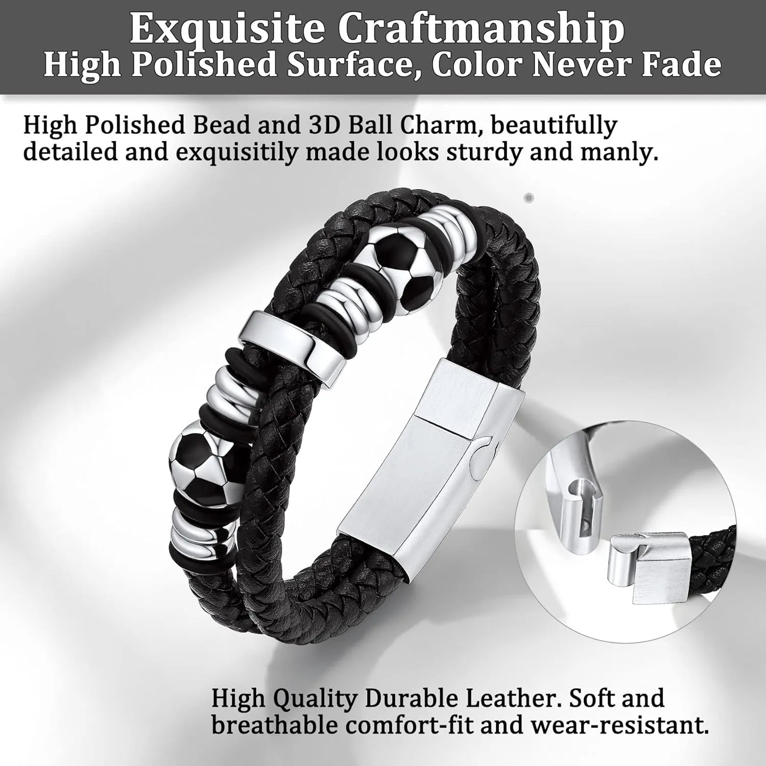 Bestyle Genuine Leather Braided Stainless Steel Bead Bracelets for Men, Fashion Mens Wrap Cuff Wirstband Bracelets with Closure, Size 7.5/8.3Inch
