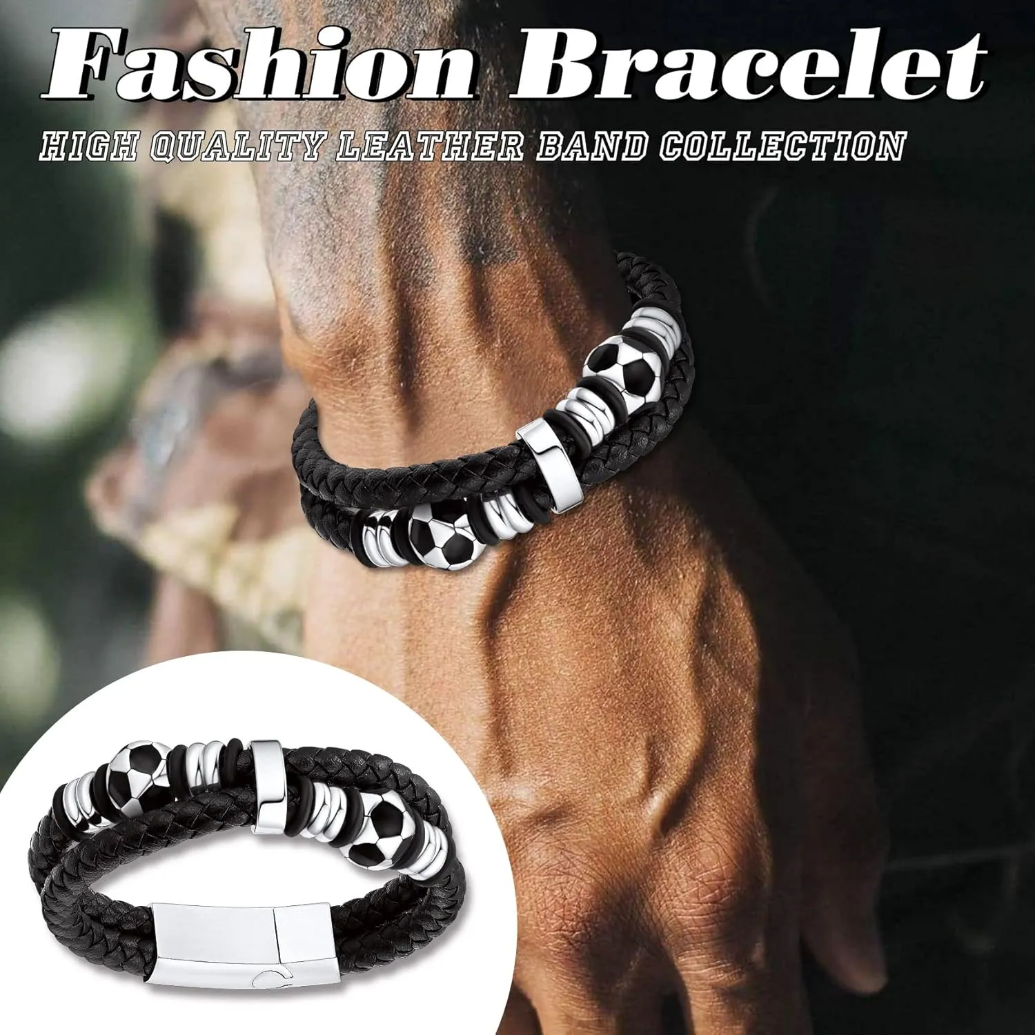 Bestyle Genuine Leather Braided Stainless Steel Bead Bracelets for Men, Fashion Mens Wrap Cuff Wirstband Bracelets with Closure, Size 7.5/8.3Inch
