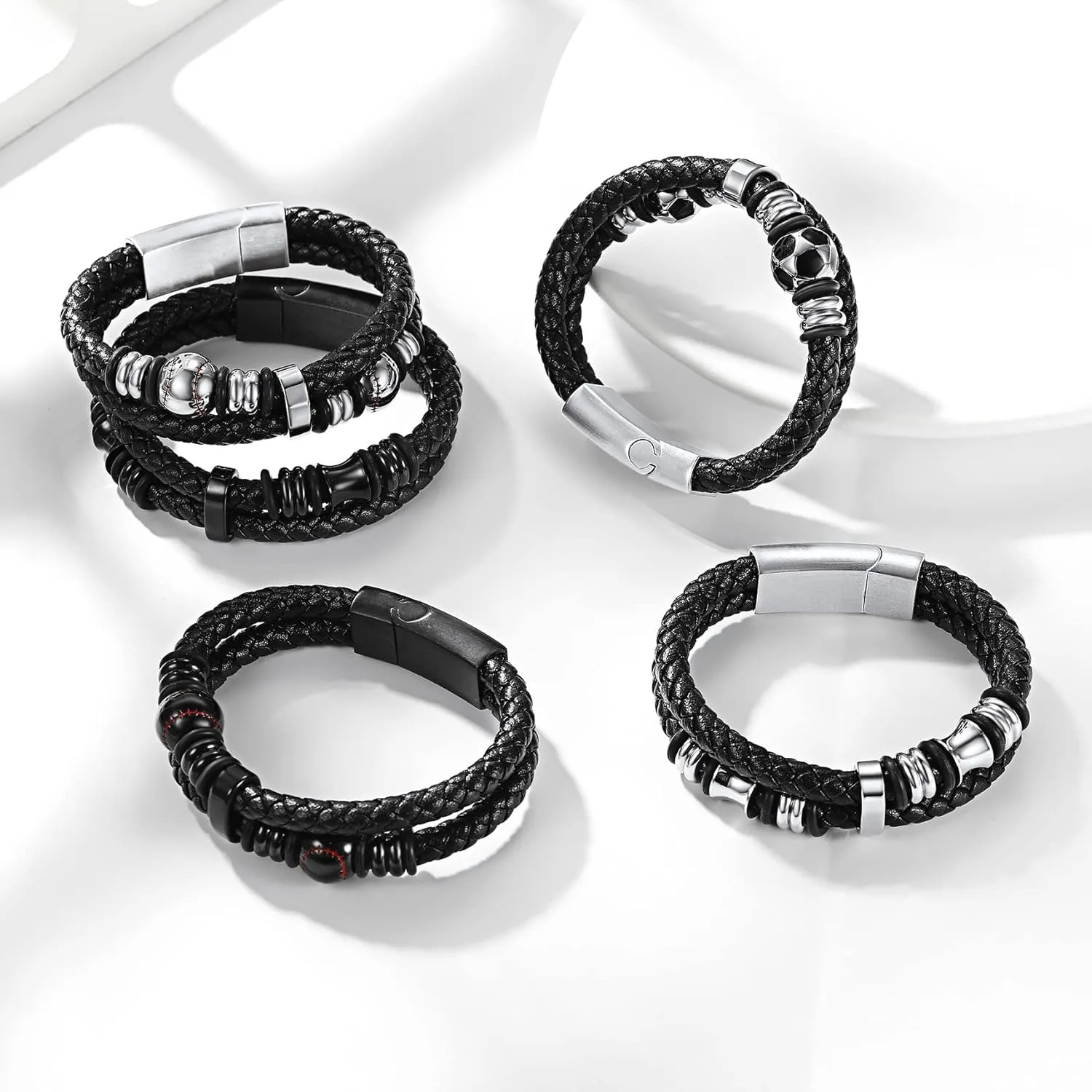 Bestyle Genuine Leather Braided Stainless Steel Bead Bracelets for Men, Fashion Mens Wrap Cuff Wirstband Bracelets with Closure, Size 7.5/8.3Inch