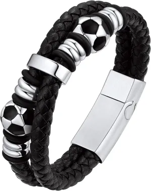 Bestyle Genuine Leather Braided Stainless Steel Bead Bracelets for Men, Fashion Mens Wrap Cuff Wirstband Bracelets with Closure, Size 7.5/8.3Inch