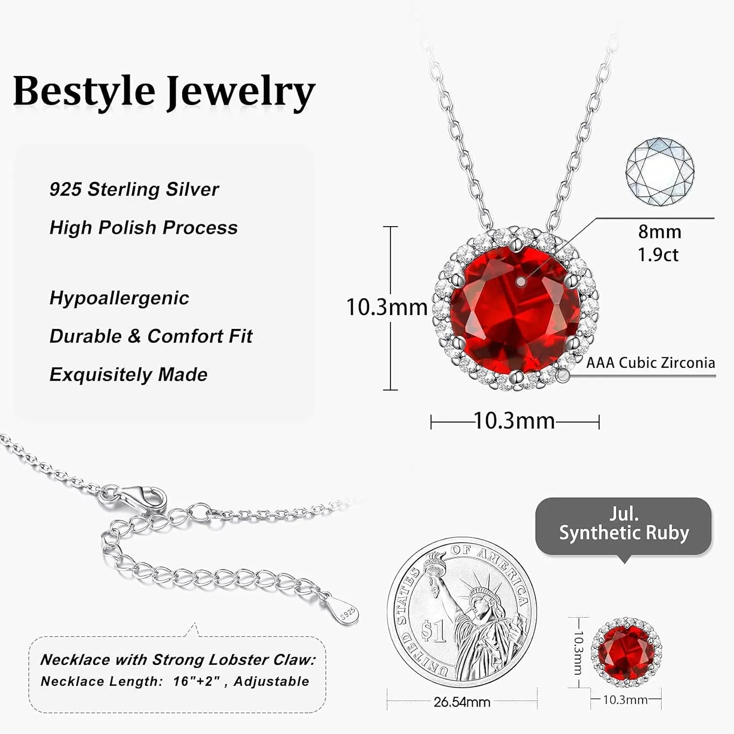 Bestyle Sparkling 925 Sterling Silver Birthstone Necklaces for Women, Created Heart/Round/Teardrop/Square Crystal Solitaire Pendant Diamond Necklace, Great Birthday/Anniversary/Wedding Gifts