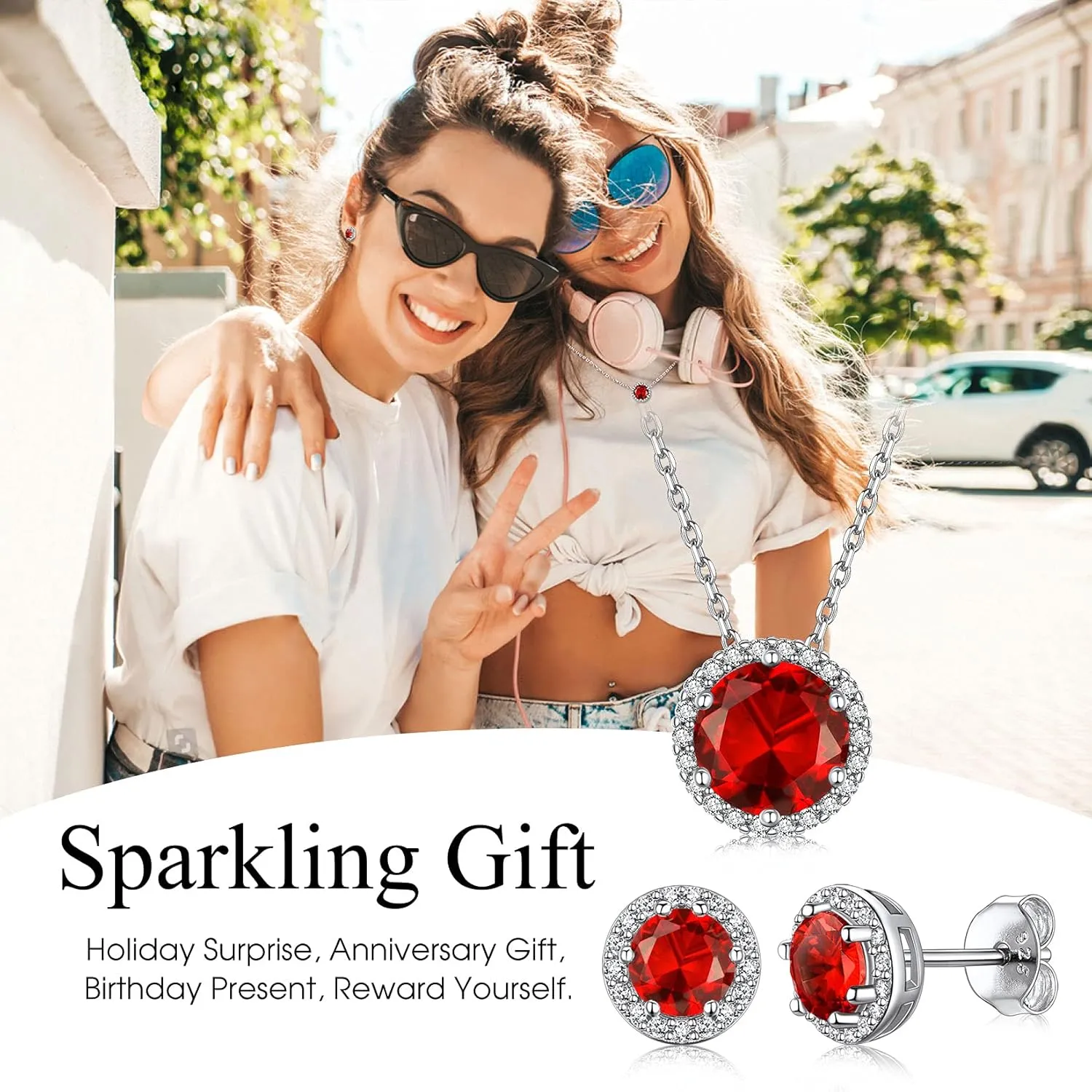 Bestyle Sparkling 925 Sterling Silver Birthstone Necklaces for Women, Created Heart/Round/Teardrop/Square Crystal Solitaire Pendant Diamond Necklace, Great Birthday/Anniversary/Wedding Gifts