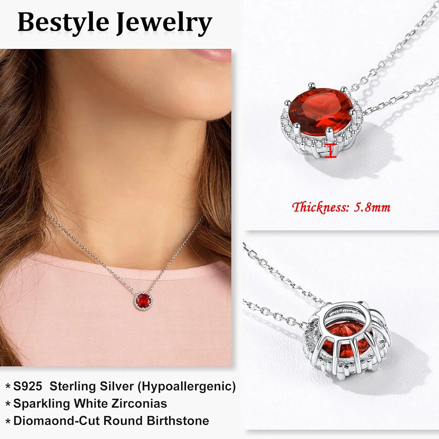 Bestyle Sparkling 925 Sterling Silver Birthstone Necklaces for Women, Created Heart/Round/Teardrop/Square Crystal Solitaire Pendant Diamond Necklace, Great Birthday/Anniversary/Wedding Gifts