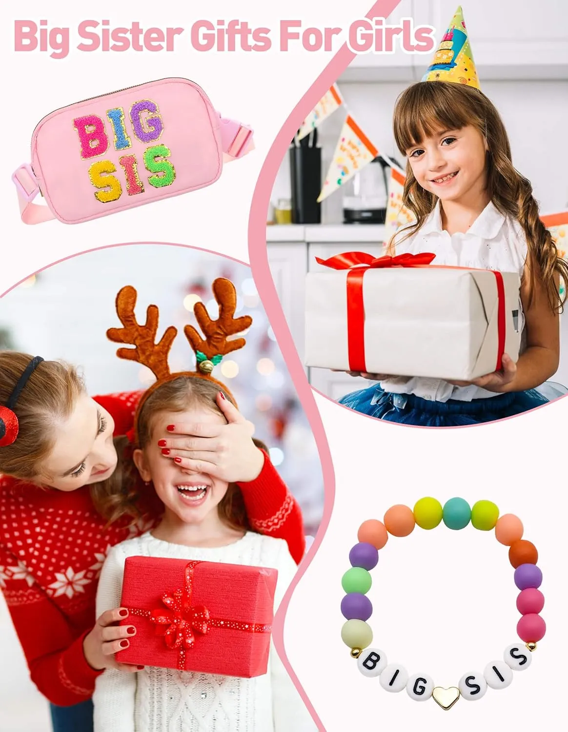 Big Sister Gifts For Girls, Big Sister Fanny Pack With Bracelet, Belt Bag For Girls Teens Kids, Personalized Christmas Birthday Gifts For Daughter Crossbody Bag Purse (BIG SIS-1, Pink)
