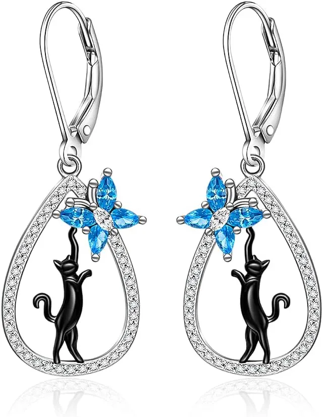 Black Cat Earrings for Women Blue Butterfly Dangle Earrings Sterling Silver Rhinestone Stud Hypoallergenic Halloween Cats Lover Gifts Pet Jewelry