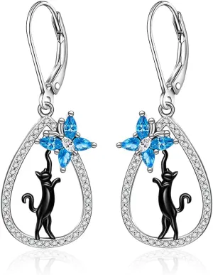 Black Cat Earrings for Women Blue Butterfly Dangle Earrings Sterling Silver Rhinestone Stud Hypoallergenic Halloween Cats Lover Gifts Pet Jewelry