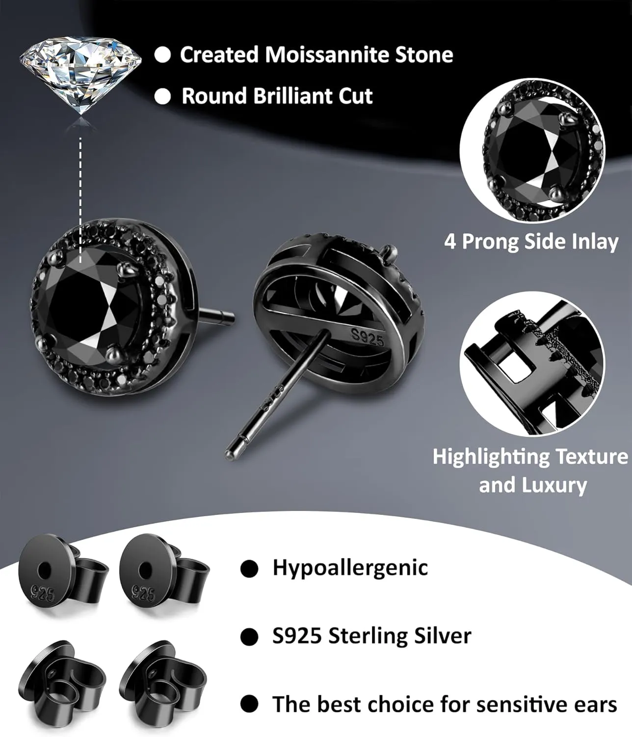 Black Moissanite Stud Earrings for Men Women 2CT Moissanite Studs 925 Sterling Silver Earrings with Certificate of Authenticity Gifts for Men