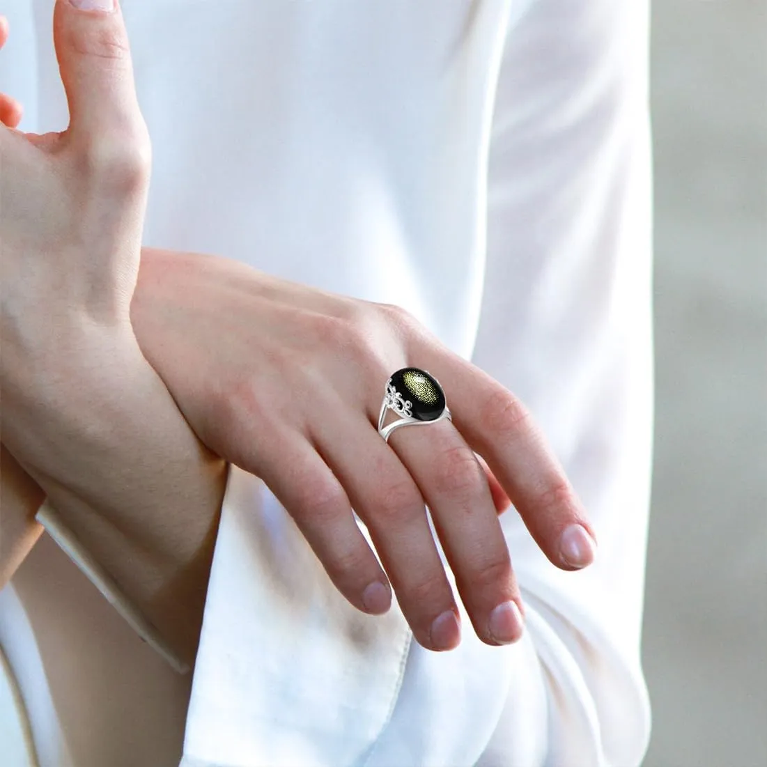 Black Obsidian S925 Sterling Silver Genuine Stone Ring for Women, Natural Black Obsidian Crystal