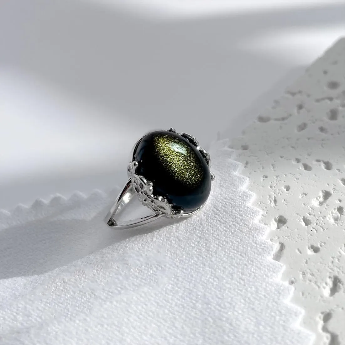 Black Obsidian S925 Sterling Silver Genuine Stone Ring for Women, Natural Black Obsidian Crystal