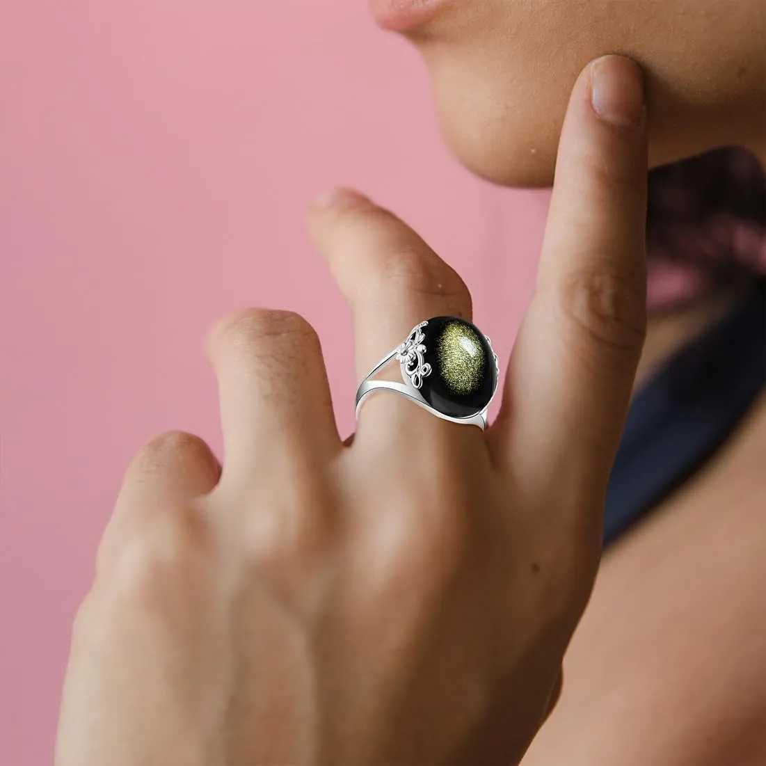 Black Obsidian S925 Sterling Silver Genuine Stone Ring for Women, Natural Black Obsidian Crystal