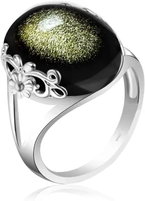 Black Obsidian S925 Sterling Silver Genuine Stone Ring for Women, Natural Black Obsidian Crystal