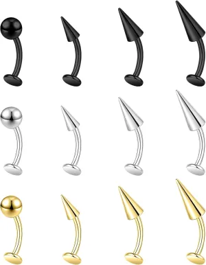 BodyAce 16G/18G Spike Belly Button Ring, Stainless Steel Tragus Stud Flat Back Earrings, Curved Navel Barbell Lip Rings Labret Piercing Eyebrow Jewelry