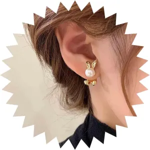 Bohemia Pearl Rabbit Ear Jacket Earrings Gold Rabbit Stud Earrings Pearl Bunny Earrings Cute Animal Rabbit Earrings Round Pearl Earrings Jewelry for Women