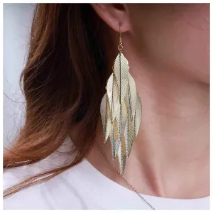Bohemian Layered Leaf Dangle Earrings Gold Feather Drop Earrings Long Chandelier Leaf Earrings Metal Leaf Hook Earrings Jewelry for Women and Girls