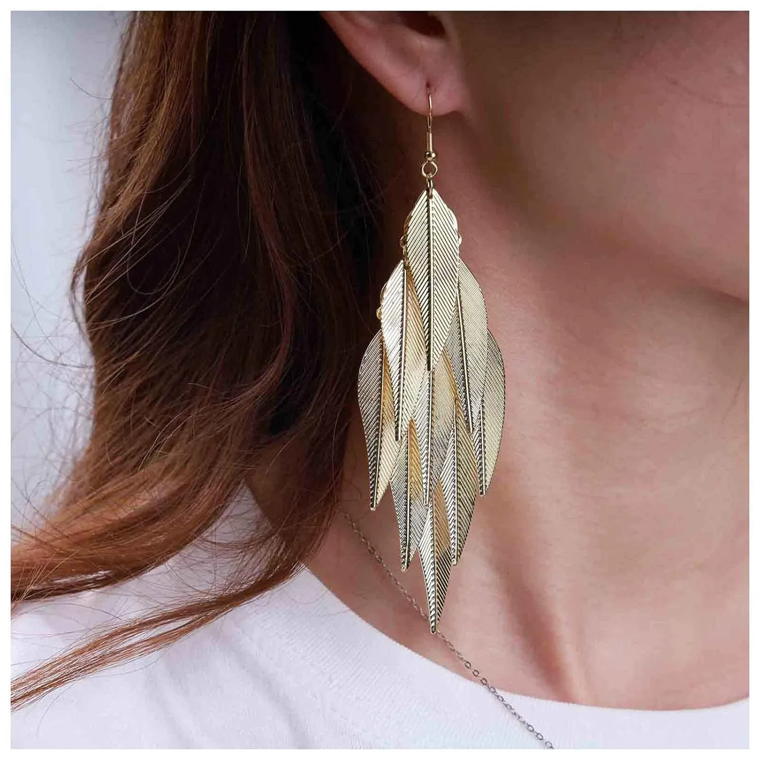 Bohemian Layered Leaf Dangle Earrings Gold Feather Drop Earrings Long Chandelier Leaf Earrings Metal Leaf Hook Earrings Jewelry for Women and Girls