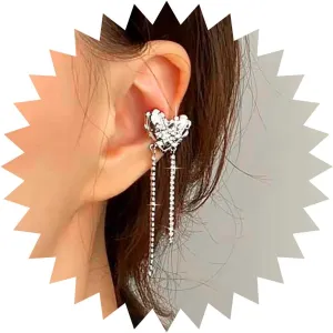 Boho Crystal Heart Ear Cuff Earrings Cz Chain Cuff Wrap Earrings Cz Heart Cartilage Cuff Earrings Silver Tennis Chain Earrings Rhinestone Chain Tassel Earrings Love Heart Crawler Cuff Earrings