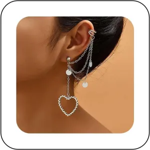Boho Disc Chain Ear Cuff Earrings Silver Chain Cuff Wrap Earrings Hollow Heart Dangle Earrings Love Heart Earrings Tassel Chain Crawler Cuff Earrings Coin Cartilage Cuff Earrings Jewelry