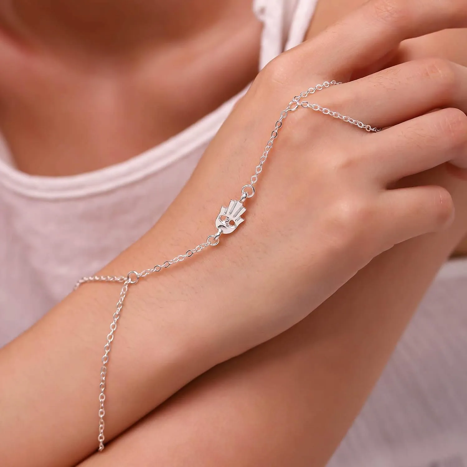 Boho Hamsa Ring Bracelets Silver Finger Hand Chains Slave Fatama Bracelets for Women and Girls