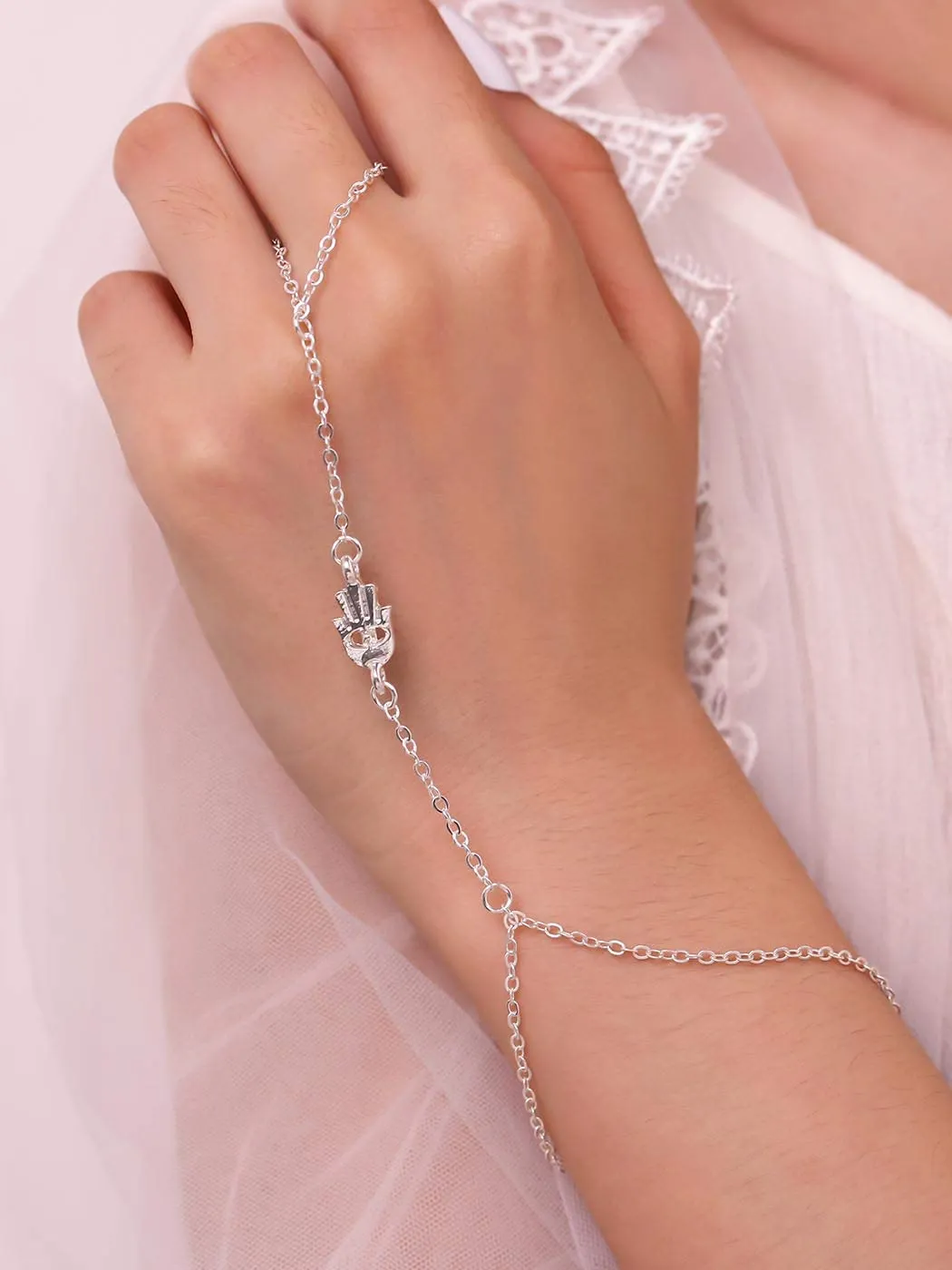 Boho Hamsa Ring Bracelets Silver Finger Hand Chains Slave Fatama Bracelets for Women and Girls