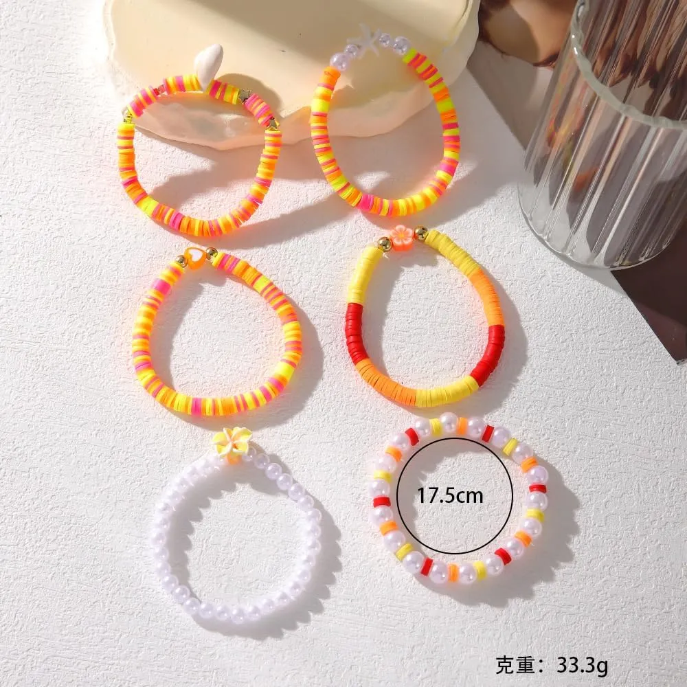 Boho Heishi Bracelets Set Colorful Soft Clay Pearl Star Bracelet Flower Turtle Shell Charm Y2K Beaded Polymer Clay Bracelet Summer Beach Jewelry for Women