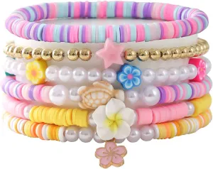 Boho Heishi Bracelets Set Colorful Soft Clay Pearl Star Bracelet Flower Turtle Shell Charm Y2K Beaded Polymer Clay Bracelet Summer Beach Jewelry for Women
