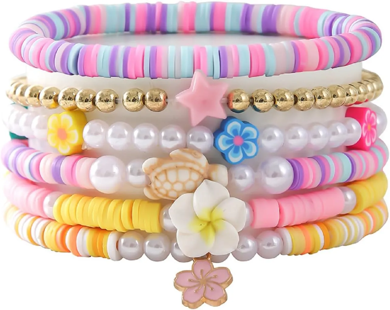 Boho Heishi Bracelets Set Colorful Soft Clay Pearl Star Bracelet Flower Turtle Shell Charm Y2K Beaded Polymer Clay Bracelet Summer Beach Jewelry for Women