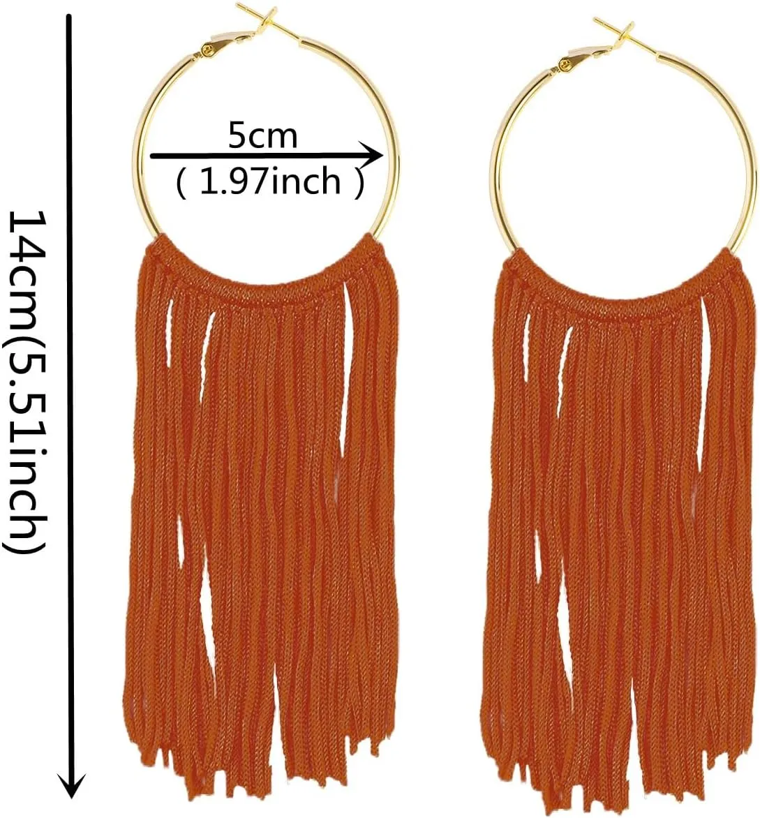 Boho Long Tassel Dangle Earrings for Women Lightweight Circle Hoop Silky Thread Fringe Drop Statemen Earrings