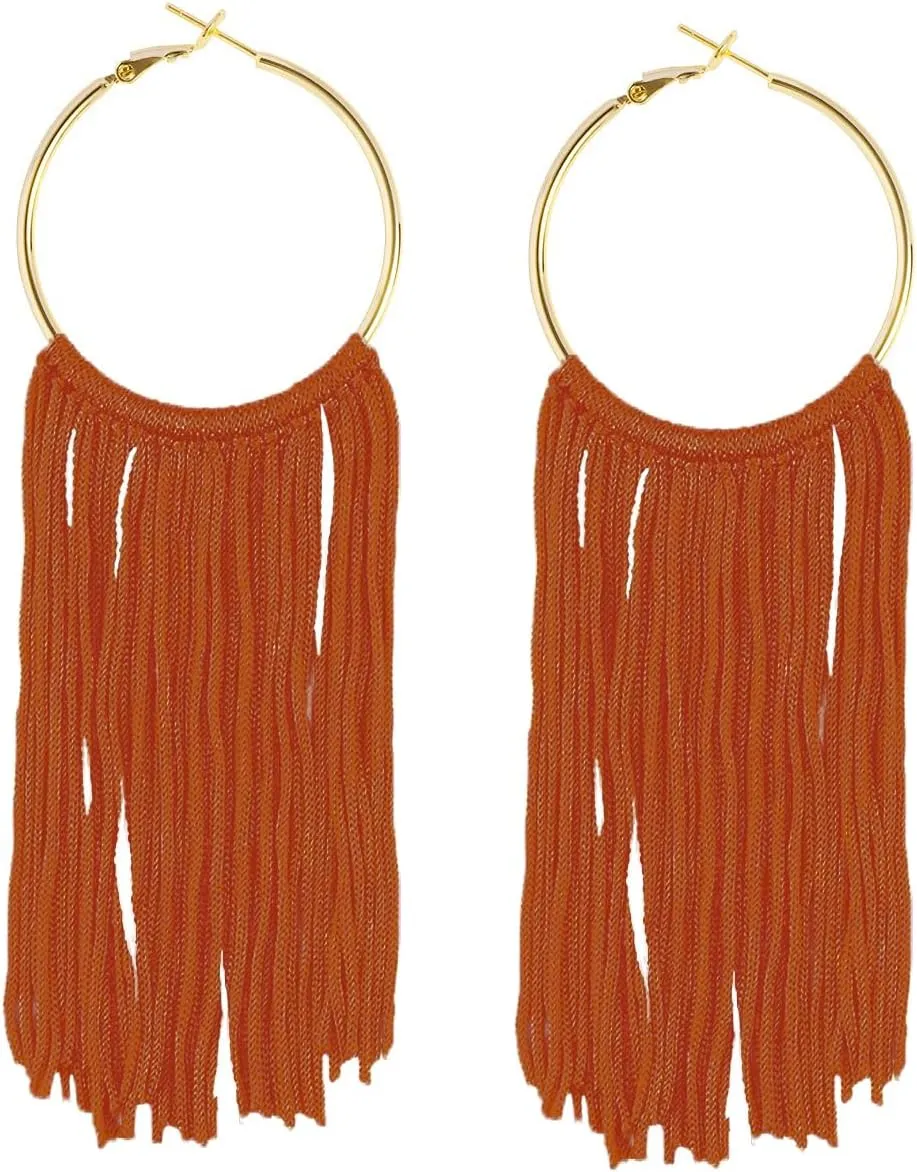 Boho Long Tassel Dangle Earrings for Women Lightweight Circle Hoop Silky Thread Fringe Drop Statemen Earrings