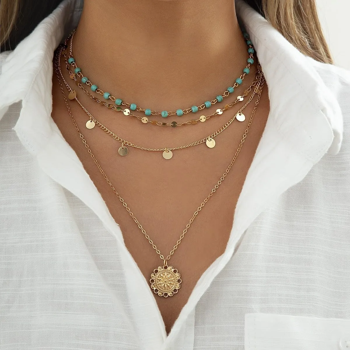 Boho Necklaces for Women Layered Turquoise Beaded Choker Necklace Western Jewelry for Women Sequin Coin Necklace Country Necklace Bohemian Boho Jewelry for Women Western Necklaces Summer Beach Necklace