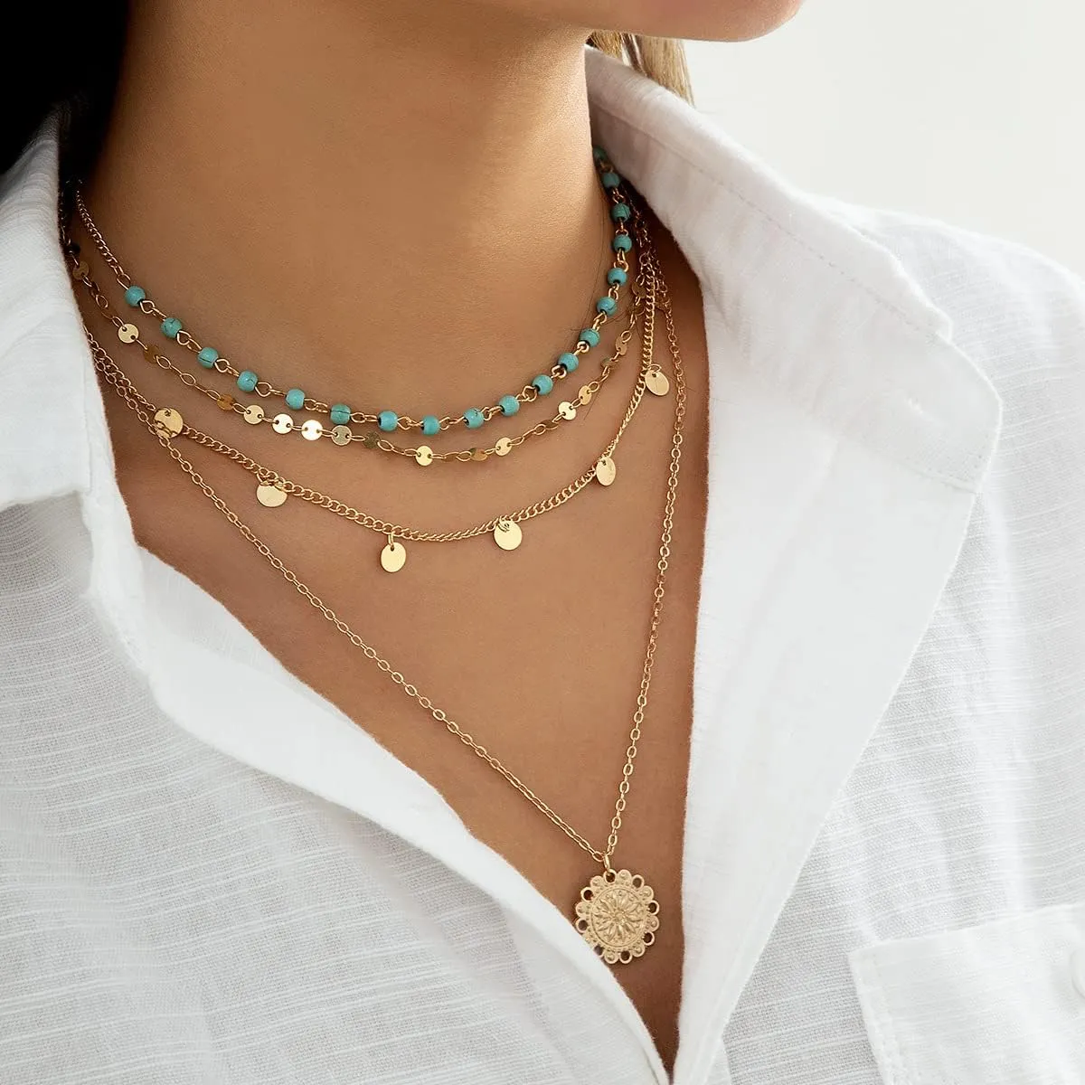 Boho Necklaces for Women Layered Turquoise Beaded Choker Necklace Western Jewelry for Women Sequin Coin Necklace Country Necklace Bohemian Boho Jewelry for Women Western Necklaces Summer Beach Necklace