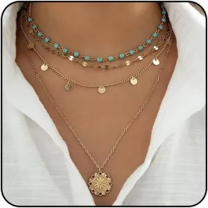 Boho Necklaces for Women Layered Turquoise Beaded Choker Necklace Western Jewelry for Women Sequin Coin Necklace Country Necklace Bohemian Boho Jewelry for Women Western Necklaces Summer Beach Necklace