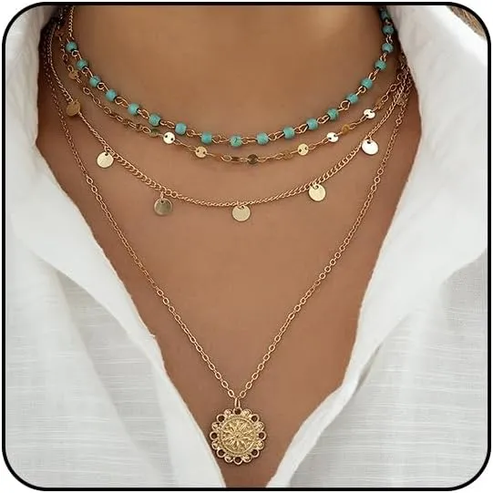 Boho Necklaces for Women Layered Turquoise Beaded Choker Necklace Western Jewelry for Women Sequin Coin Necklace Country Necklace Bohemian Boho Jewelry for Women Western Necklaces Summer Beach Necklace
