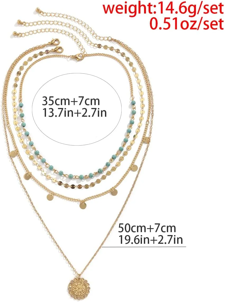 Boho Necklaces for Women Layered Turquoise Beaded Choker Necklace Western Jewelry for Women Sequin Coin Necklace Country Necklace Bohemian Boho Jewelry for Women Western Necklaces Summer Beach Necklace