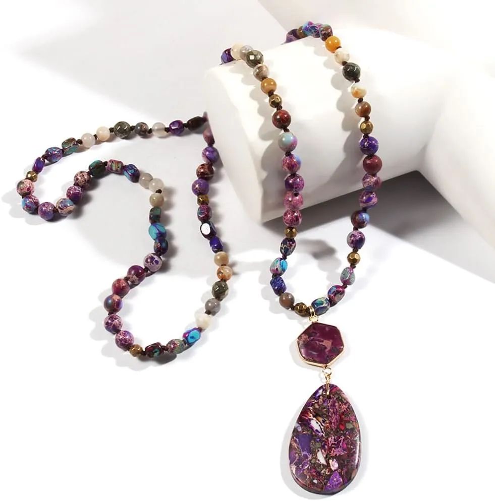Boho Necklaces for Women/Men Trendy,32/35/36 Inch Natural Stone Beaded Long Pendant Necklaces for Womens,Handmade Bohemian Fashion Chakra Chunky Statement Charm Necklace Jewelry Gift