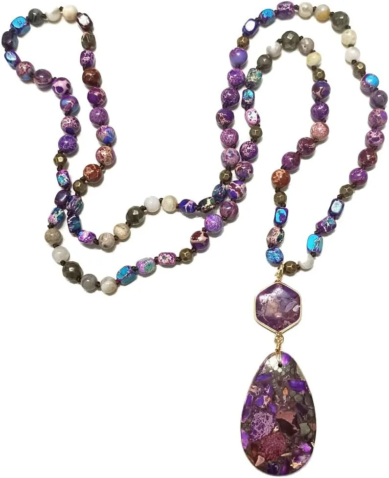 Boho Necklaces for Women/Men Trendy,32/35/36 Inch Natural Stone Beaded Long Pendant Necklaces for Womens,Handmade Bohemian Fashion Chakra Chunky Statement Charm Necklace Jewelry Gift